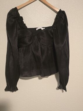Astr Black Sheer Square-Neck Puff Sleeve Blouse